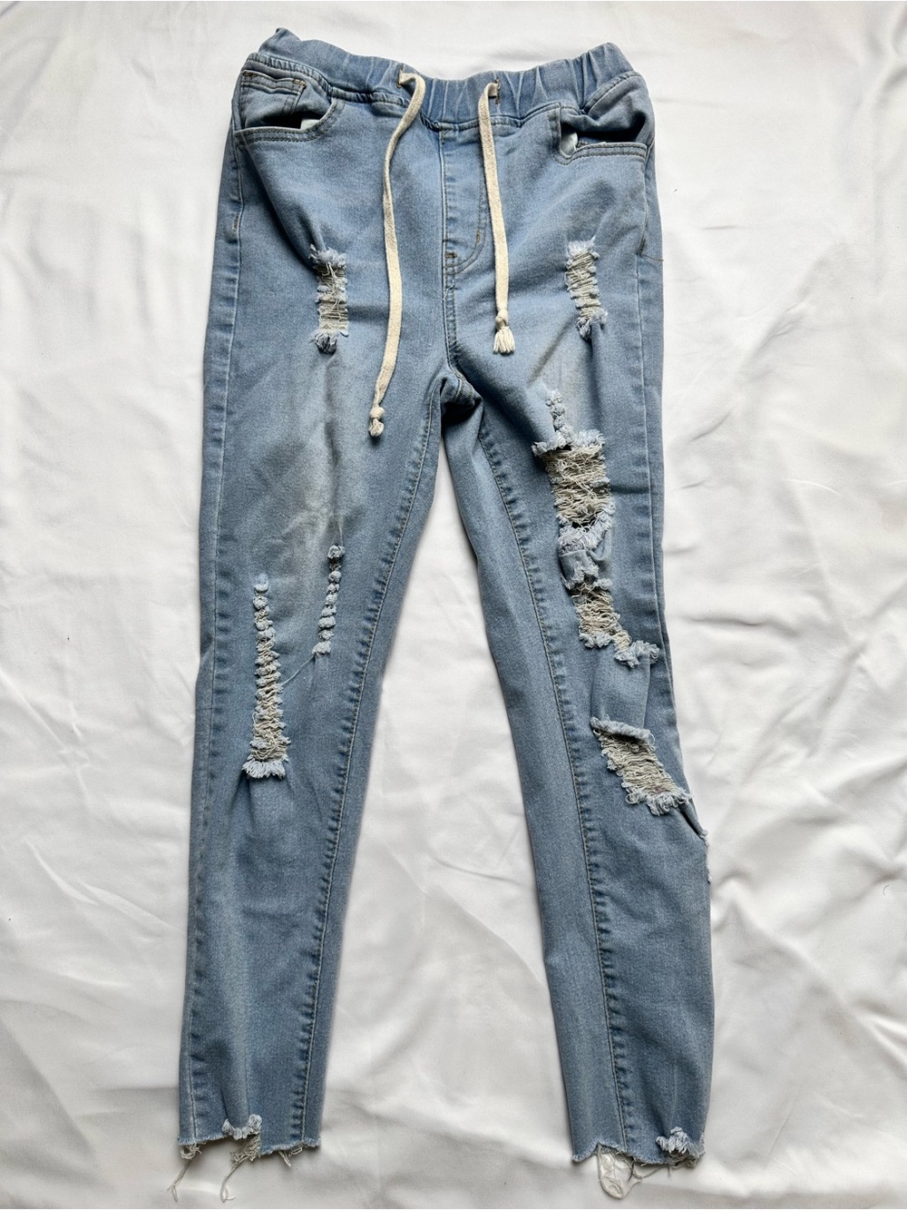SHEIN Light Blue Distressed Skinny Jeans with Drawstring Waist